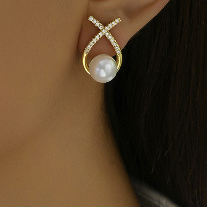 1 paire de boucles d'oreilles rondes et carrées en émail de Style moderne, incrustation de perles artificielles en cuivre et en Zircon