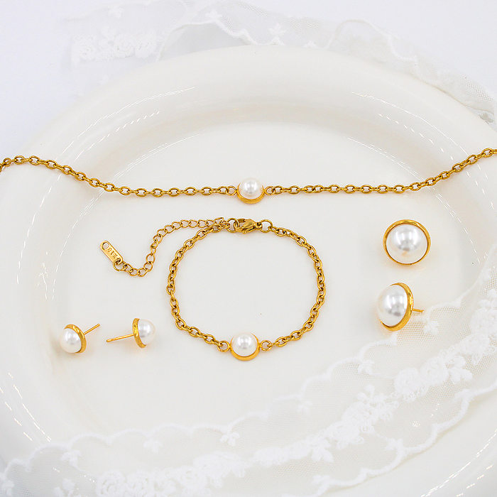 Collar de pendientes de pulseras de perlas artificiales con incrustaciones de acero de titanio geométrico retro