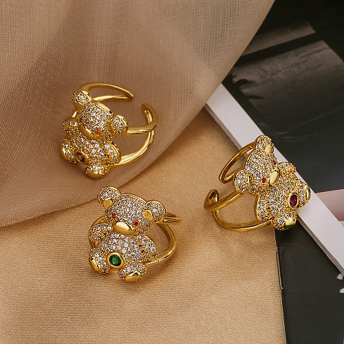 Anéis abertos folheados a ouro 18K de zircão com chapeamento de cobre de estilo simples e fofo pequeno urso