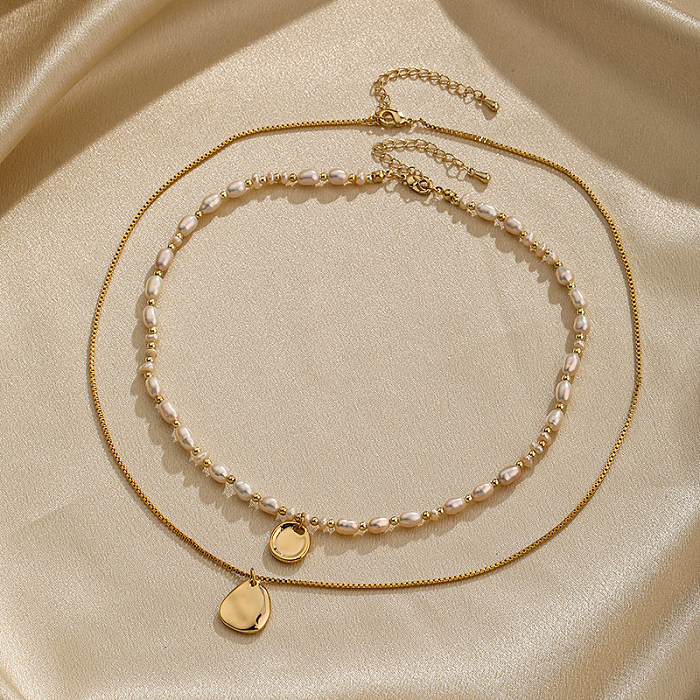 Moda elegante redonda gotas de água cor sólida chapeamento de cobre 18K banhado a ouro colares de camada dupla
