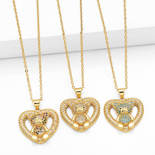 Collier avec pendentif en Zircon plaqué or 18 carats, petit ours en forme de cœur, Style Simple, en vrac
