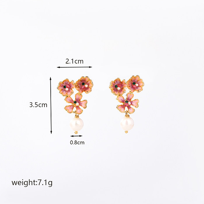 1 Pair Casual Pastoral Commute Flower Plating Inlay Imitation Pearl Copper Artificial Crystal 18K Gold Plated Earrings