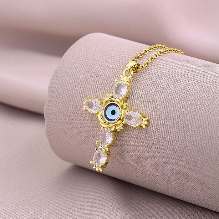 Classic Style Cross Devil'S Eye Copper Zircon Pendant Necklace In Bulk