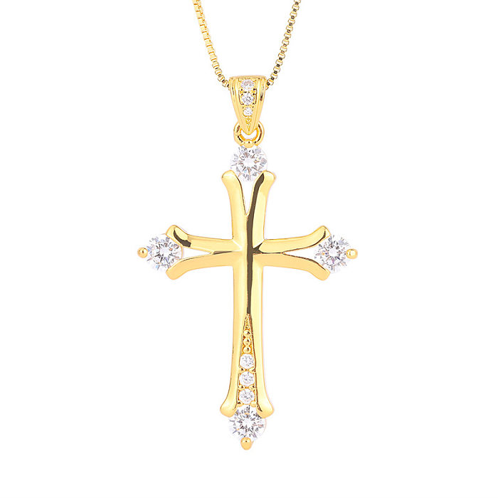 Simple Style Cross Copper Plating Inlay Zircon White Gold Plated Gold Plated Pendant Necklace