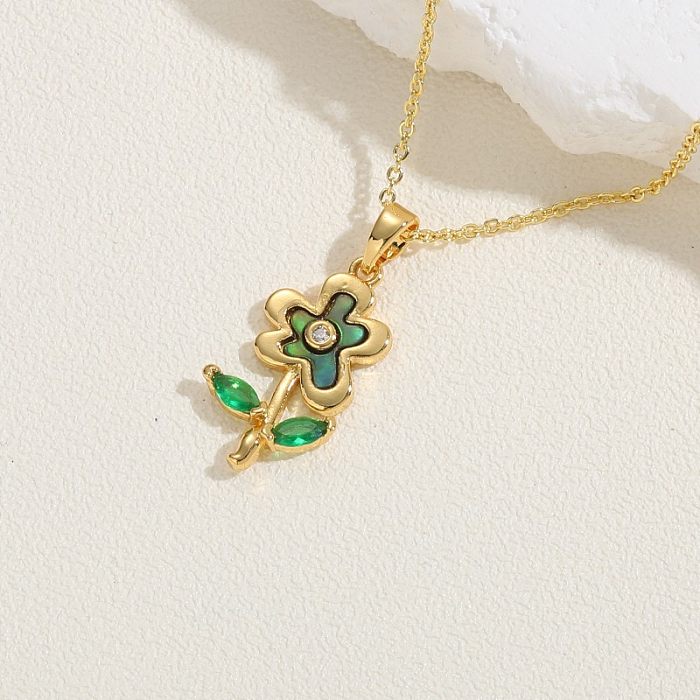 Sweet Classic Style Flower Copper Plating Inlay Shell Zircon 14K Gold Plated White Gold Plated Pendant Necklace