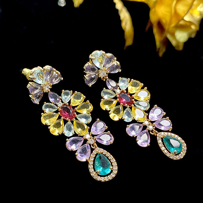 1 Pair Shiny Water Droplets Flower Inlay Copper Zircon Drop Earrings