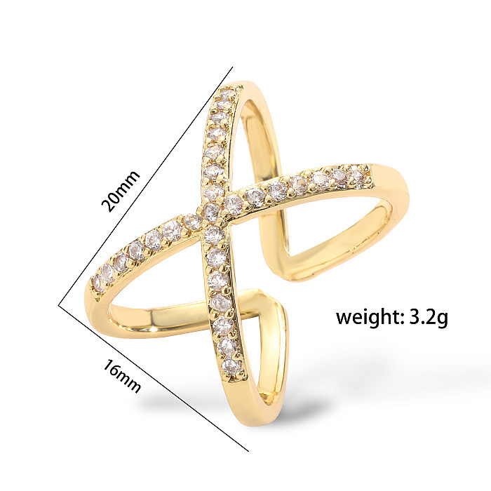 IG Style Hip-Hop Cool Style Geometric Copper Criss Cross Plating Inlay Zircon 18K Gold Plated Open Rings