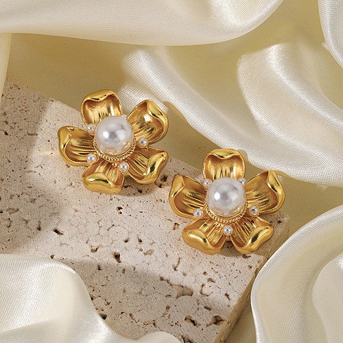 1 paire de clous d'oreilles plaqués or 14 carats, incrustation de fleurs de Style Simple, perles artificielles en cuivre