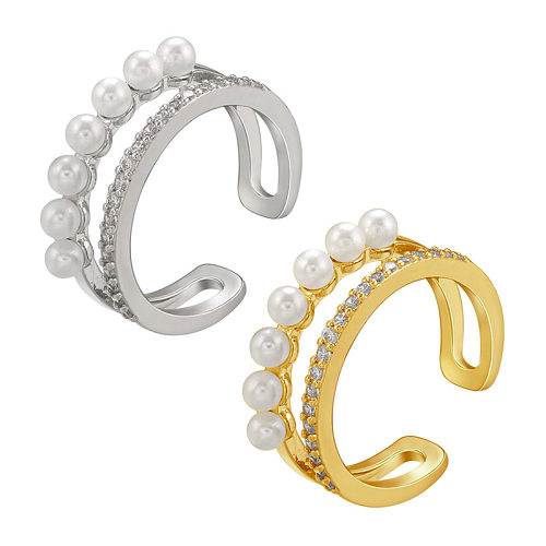 Fashion Geometric Brass Plating Artificial Pearls Zircon Open Ring 1 Piece