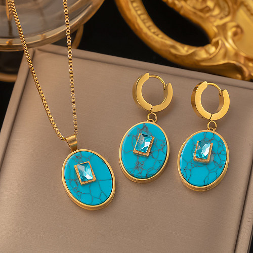 Wholesale Retro Oval Rectangle Titanium Steel 18K Gold Plated Turquoise Zircon Earrings Necklace