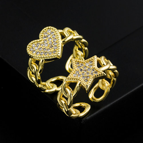 Moda banhado a ouro micro incrustado zircão estrela em forma de coração abertura ajustável anel de cobre acessórios femininos