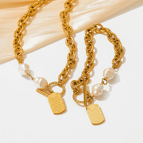 Collar de pulseras de perlas artificiales chapado en acero inoxidable con letras de estilo barroco 1 pieza