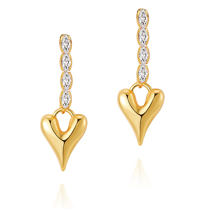 1 paire de boucles d'oreilles pendantes en forme de cœur, incrustation de cuivre, pierres précieuses artificielles, plaqué or 18 carats