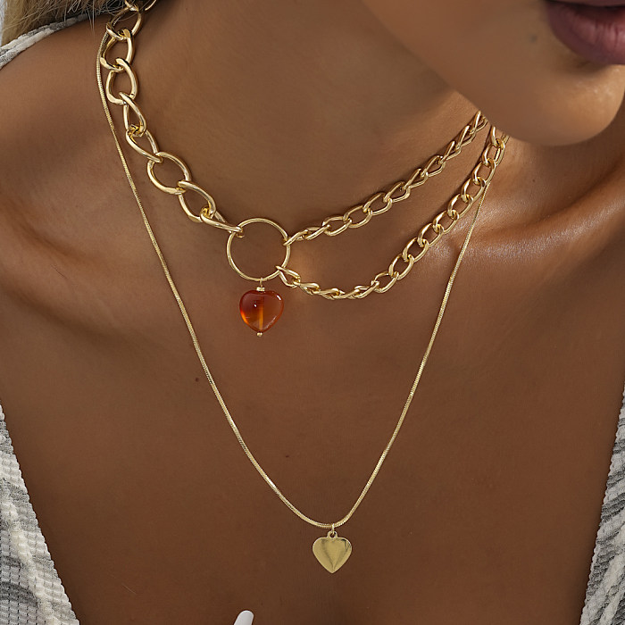Bonito doce estilo simples formato de coração pedra natural cobre em camadas colares em camadas