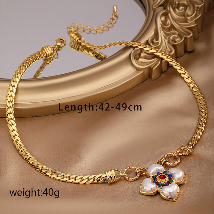 Halskette mit Anhänger im Vintage-Stil, Blume, Kupfer, künstliche Perlen, Zirkon, in großen Mengen