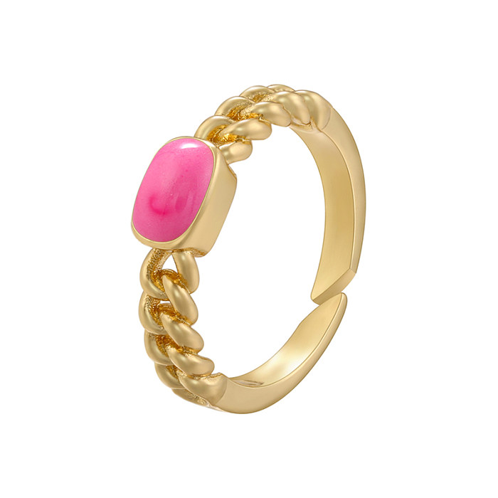 Elegante estilo vintage redondo oval cobre esmaltado embutido zircão anéis abertos banhados a ouro 18K