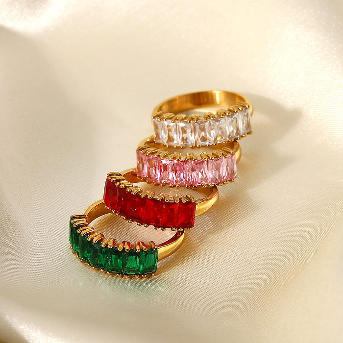 Fashion 18K Gold-Plated Half Circle Rectangular  Zircon Stainless Steel Ring