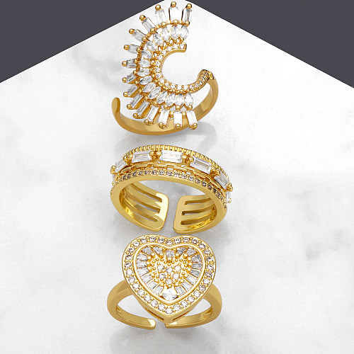 Glamouröse, glänzende, geometrische, herzförmige, verkupferte offene Ringe mit Zirkon-Inlay und 18-Karat-Vergoldung