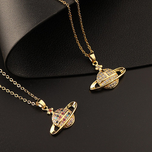 European And American Internet Hot Ins Style Planet Necklace Copper Micro Inlay Color Zircon Personality Planet Pendant Plated 18K Gold Necklace Female