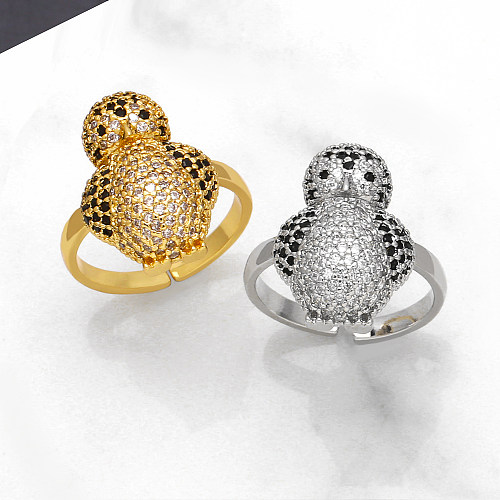 IG Style Streetwear Pinguin Kupferbeschichtung Inlay Zirkon 18K vergoldete offene Ringe