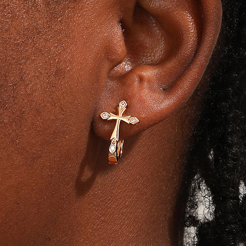 1 paire de boucles d'oreilles en Zircon avec incrustation de cuivre et de croix à la mode