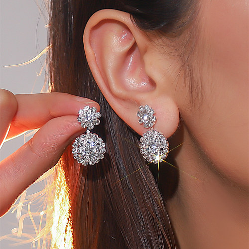1 Pair Simple Style Shiny Round Copper Plating Inlay Rhinestones Silver Plated Drop Earrings