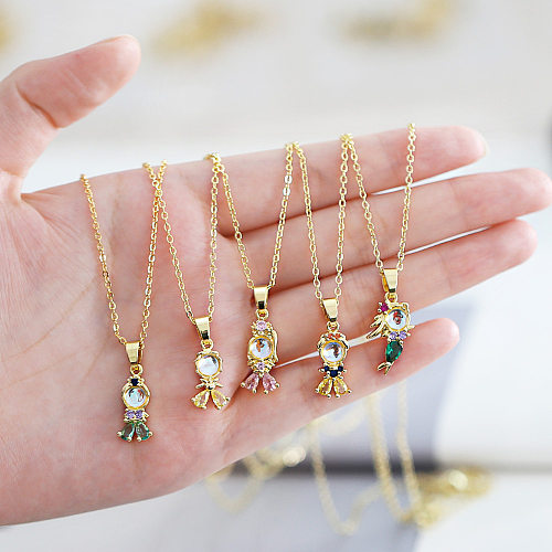 Cute Fashion Simple Style Cartoon Character Mermaid Copper Plating Inlay Zircon 18K Gold Plated Necklace