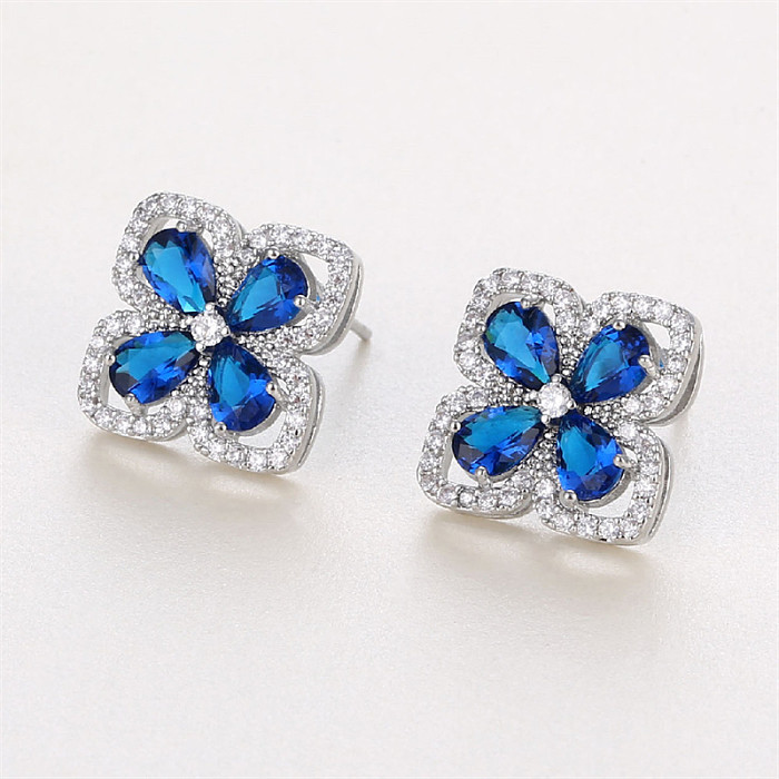 1 Pair Classic Style Four Leaf Clover Water Droplets Plating Inlay Copper Zircon White Gold Plated Ear Studs