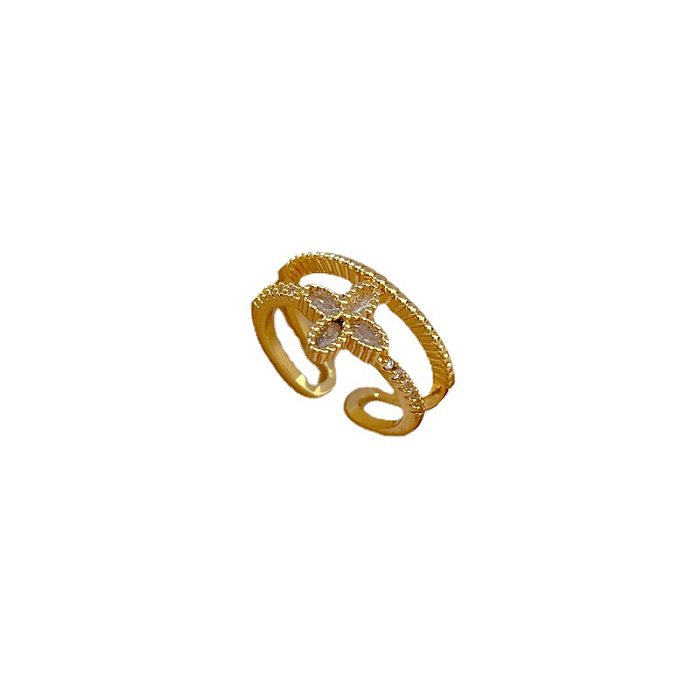 Modischer offener Ring mit vierblättrigem Kleeblatt, Messingbeschichtung und Inlay, Zirkon, 1 Stück
