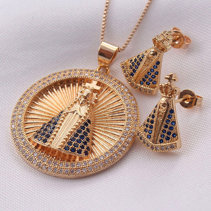 IG Style Human Round Copper Plating Inlay Zircon Gold Plated Earrings Necklace Jewelry Set