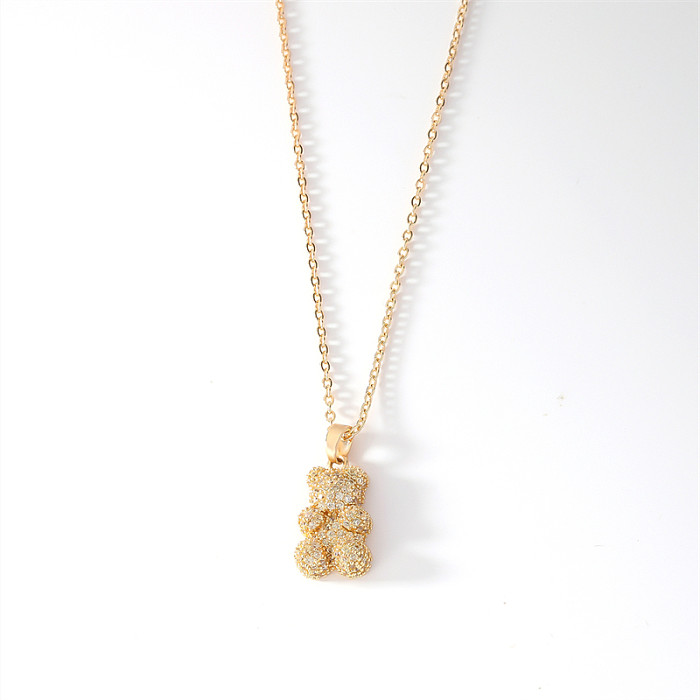 Casual Cute Little Bear Copper Zircon Pendant Necklace In Bulk