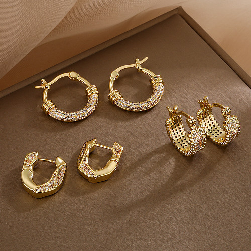 1 paire de boucles d'oreilles créoles plaquées or 18 carats, incrustation de placage géométrique de Style coréen en cuivre et Zircon