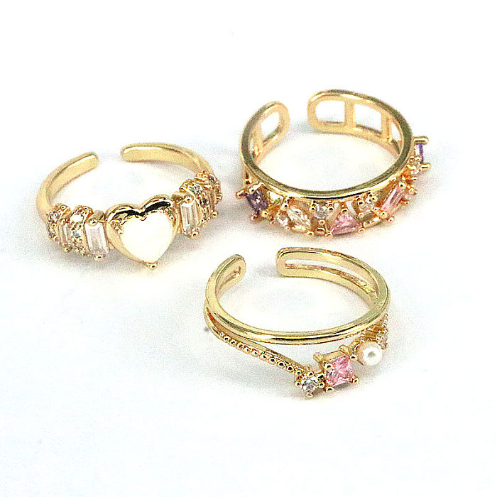 Einfacher offener Ring in Herzform, Kupfer, vergoldet, künstliche Perlen, Zirkon, 1 Stück