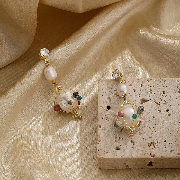 1 Pair Retro Round Pearl Plating Inlay Copper Zircon 14K Gold Plated Drop Earrings