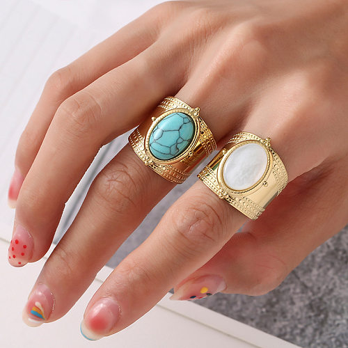 Retro Oval Stainless Steel Turquoise Wide Band Rings In Bulk