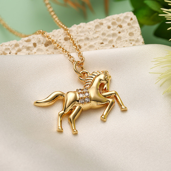 Simple Style Commute Horse Copper Plating Inlay Zircon 18K Gold Plated Pendant Necklace