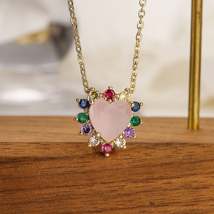 Luxurious Heart Shape Copper 18K Gold Plated Zircon Pendant Necklace In Bulk