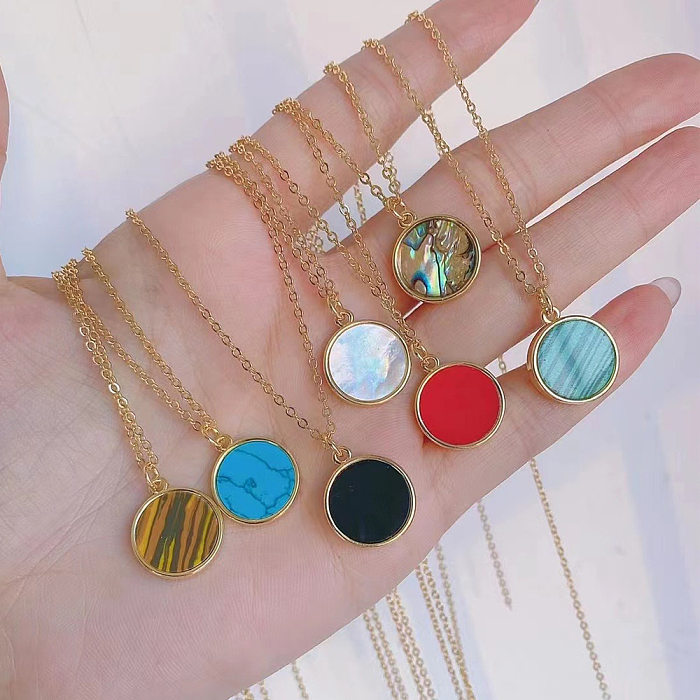 Simple Style Round Brass Plating Inlay Shell Gold Plated Pendant Necklace