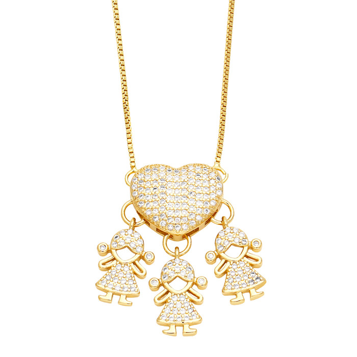 Casual estilo simples forma de coração humano cobre chapeamento inlay zircon 18k banhado a ouro pingente colar longo