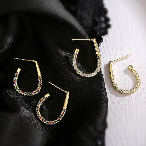 1 paire de boucles d'oreilles plaquées or 18 carats, Style Simple, en forme de U, incrustation de cuivre et de Zircon
