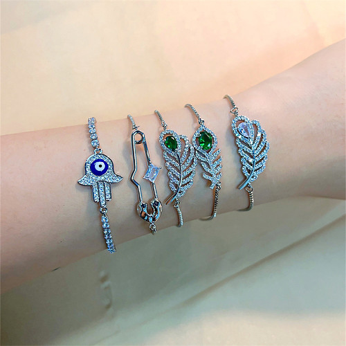 Casual Vintage Style Shiny Devil'S Eye Palm Feather Copper Plating Inlay Zircon White Gold Plated Bracelets