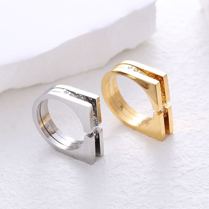 Simple Style Commute Solid Color Stainless Steel Plating Inlay Rhinestones 24K Gold Plated Rings