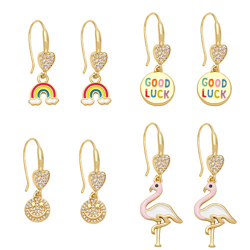 1 par bonito doce estilo simples arco-íris flamingo smiley face chapeamento incrustação de cobre zircão 18k brincos banhados a ouro