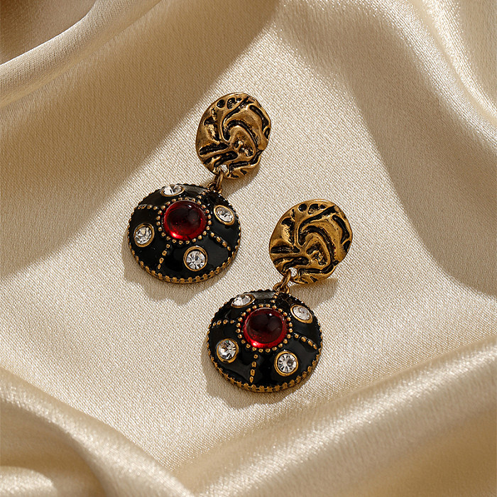 1 Pair Classical Retro Commute Round Inlay Copper Resin Zircon Drop Earrings