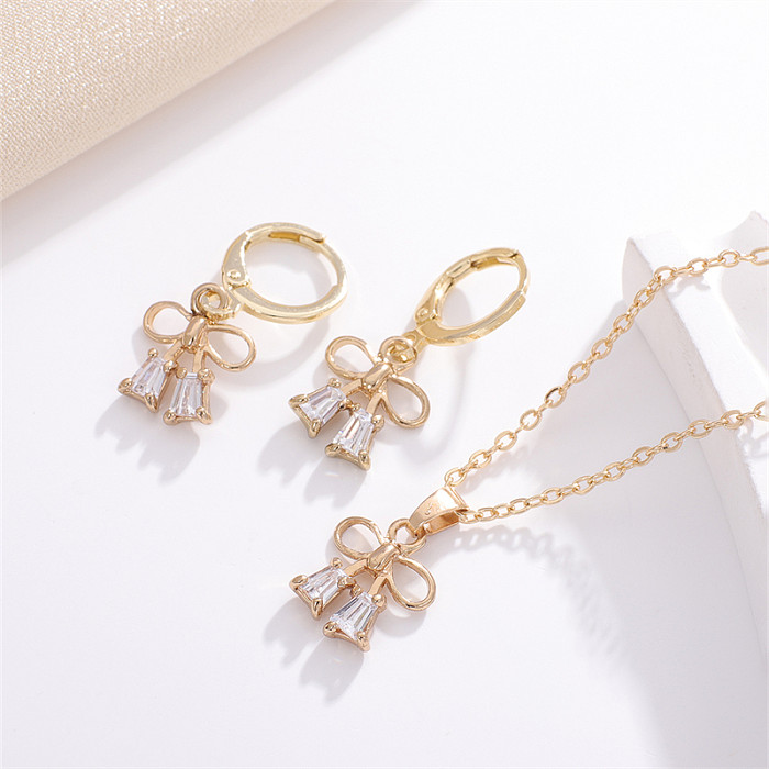 Casual Sweet Simple Style Bow Knot Copper Inlay Zircon Earrings Necklace