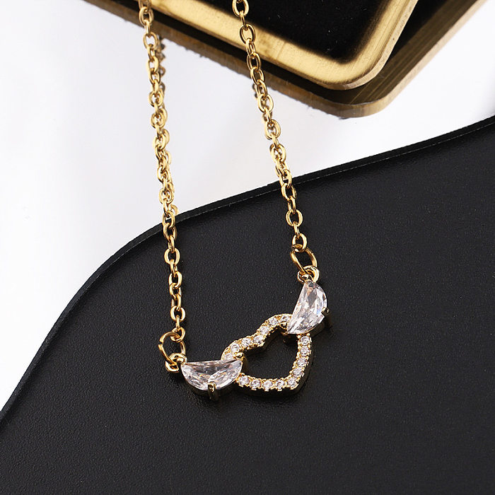 Sweet Heart Shape Titanium Steel Copper Plating Inlay Zircon 18K Gold Plated Pendant Necklace