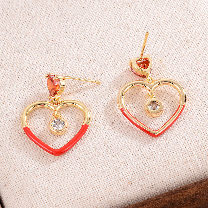 1 Paar elegante herzförmige Ohrhänger mit Intarsien-Kupfer-Zirkon-Vergoldung und 14-Karat-Vergoldung