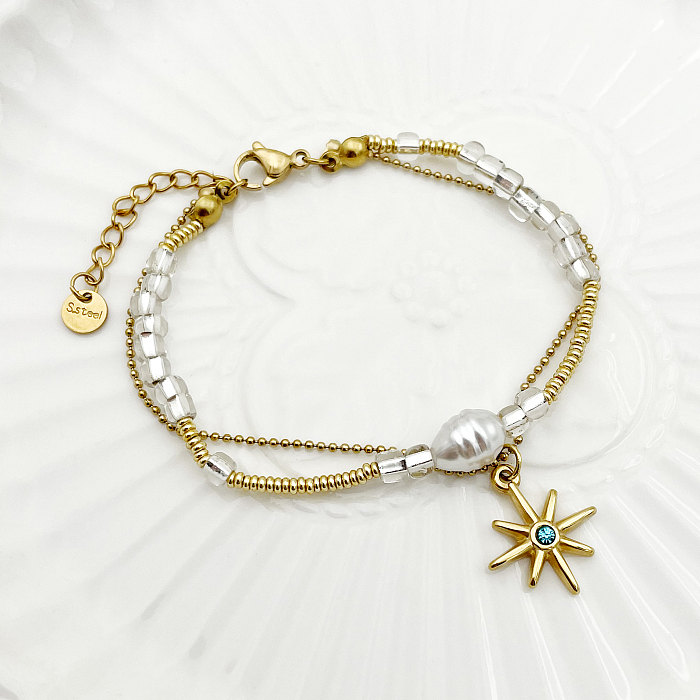 Glam Commute Star Edelstahl-Armband-Halskette mit Imitationsperle-Beschichtung, Inlay, Zirkon, vergoldet