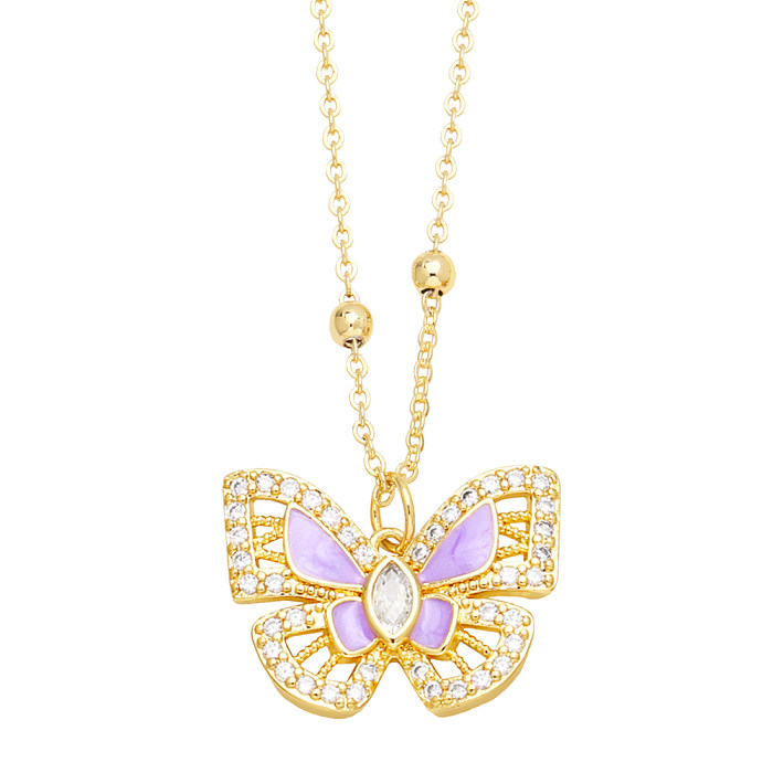 INS Style Butterfly Copper Enamel Plating Inlay Zircon 18K Gold Plated Pendant Necklace