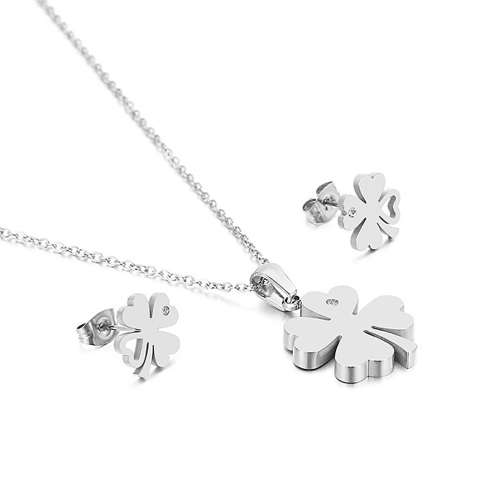 New Stainless Steel Hollow Four-leaf Clover Clavicle Necklace Earrings Two-piece Set Wholesale